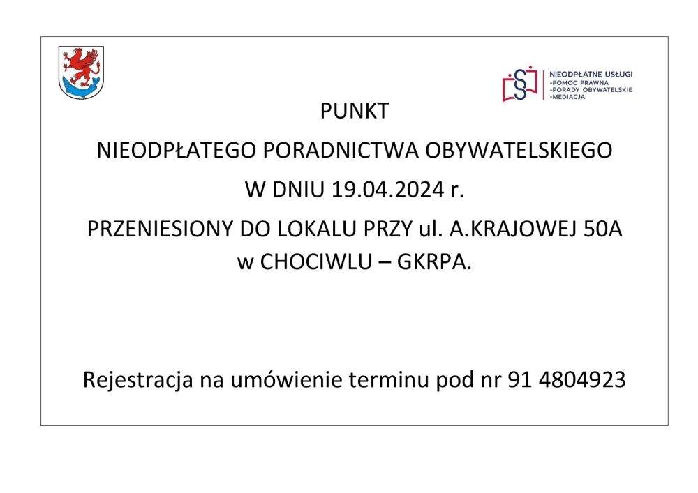 Zmiana miejsca przyjmowania Punktu Pomocy Prawnej w dniu 19.04.2024 roku